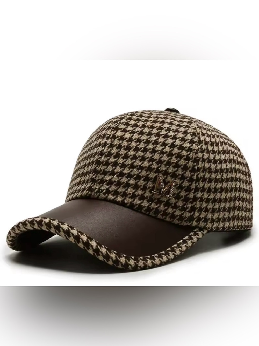 Brown Houndstooth Cap with Leather Visor
